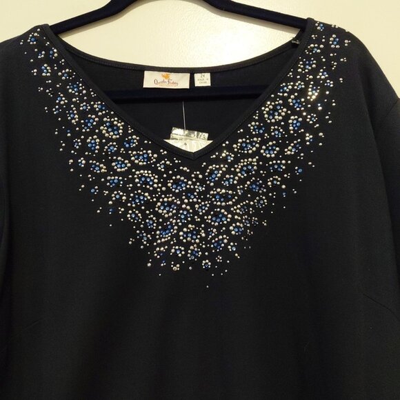 Quacker Factory Rhinestone Embellished Top 3/4 Sleeves Navy Blue 2X NWT - Picture 2 of 6